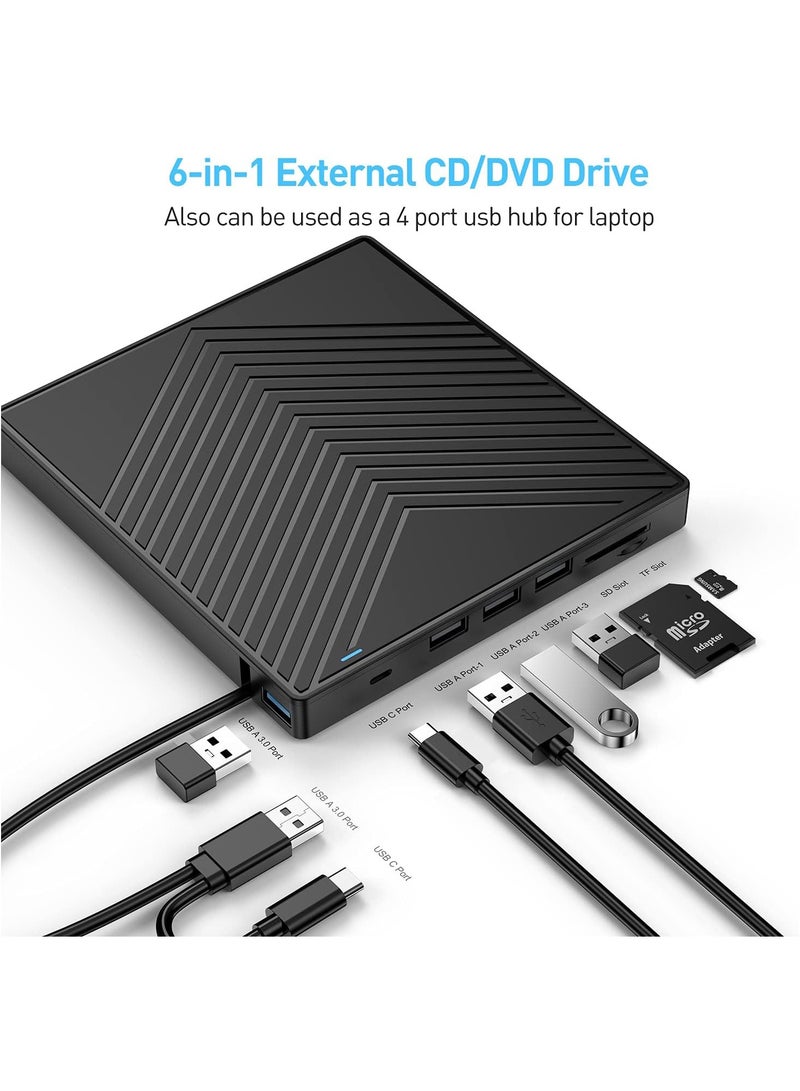 KADIP External CD DVD Drive, Ultra Slim CD Burner USB 3.0 with 4 USB Ports and 2 TF/SD Card Slots, Optical Disk Drive for Laptop Mac PC Windows 11/10/8/7 Linux OS with Carrying Case  - Image 3