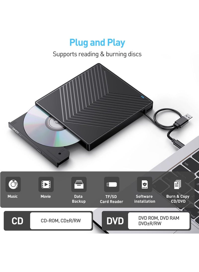 KADIP External CD DVD Drive, Ultra Slim CD Burner USB 3.0 with 4 USB Ports and 2 TF/SD Card Slots, Optical Disk Drive for Laptop Mac PC Windows 11/10/8/7 Linux OS with Carrying Case  - Image 4