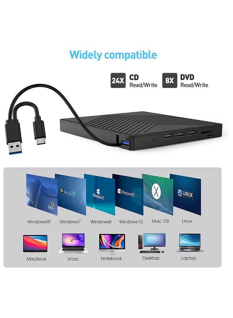 KADIP External CD DVD Drive, Ultra Slim CD Burner USB 3.0 with 4 USB Ports and 2 TF/SD Card Slots, Optical Disk Drive for Laptop Mac PC Windows 11/10/8/7 Linux OS with Carrying Case  - Image 5