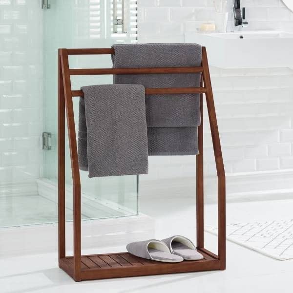 Freestanding Wooden Towel Rack Multiple Tier Sheesham Wood Towel Holder for Bathroom Industrial Towel Bar StandLadder with Storage Shelf for Bathroom Bedroom Laundry Room Kitchen B95 
