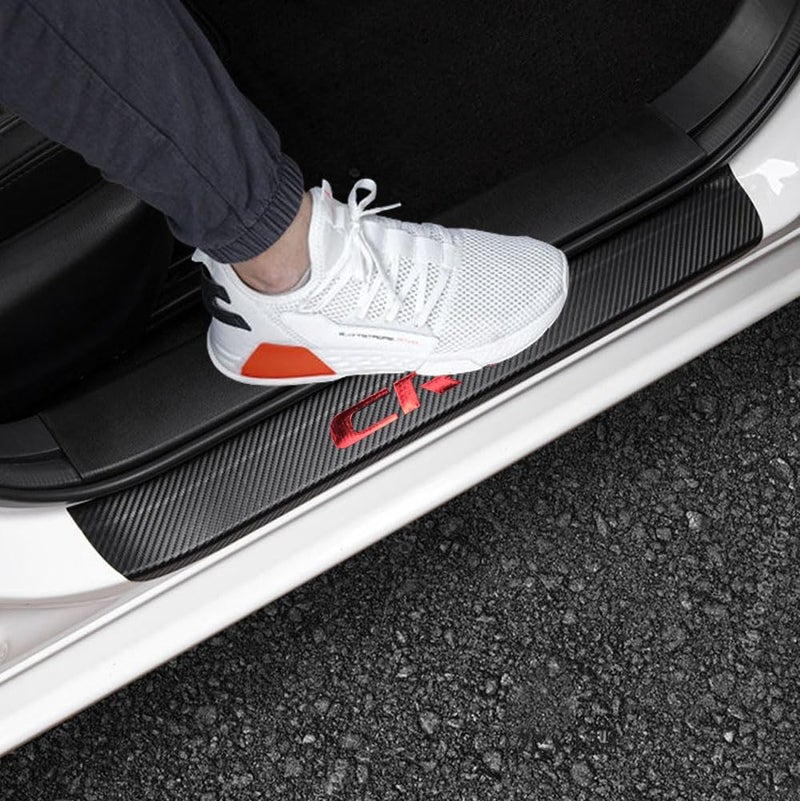 LEXLEY Carbon Fiber Style Leather Door Sill Protector,Scuff Plate Cover Guard Sills Protector Trim,Welcome Pedal Protect For 2006-2026 CRV 4PCS -Red - Image 1