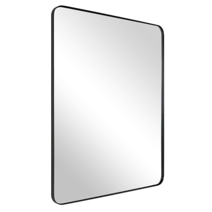 WALL MIRROR FOR BATHROOM 24X36 INCH BLACK BATHROOM MIRROR STAINLESS STEEL METAL FRAME WITH ROUNDED CORNER RECTANGLE GLASS PANEL WALL MOUNTED MIRROR DECORATIVE FOR BATHROOM