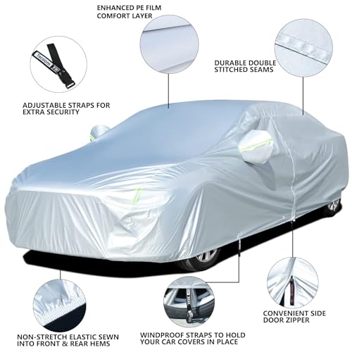 Tecoom Light Shell Waterproof UV-Proof Windproof Design Car Cover with Zipper Storage and Lock for All Weather Indoor Outdoor Fit 160-172 Inches Hatchback - Image 3