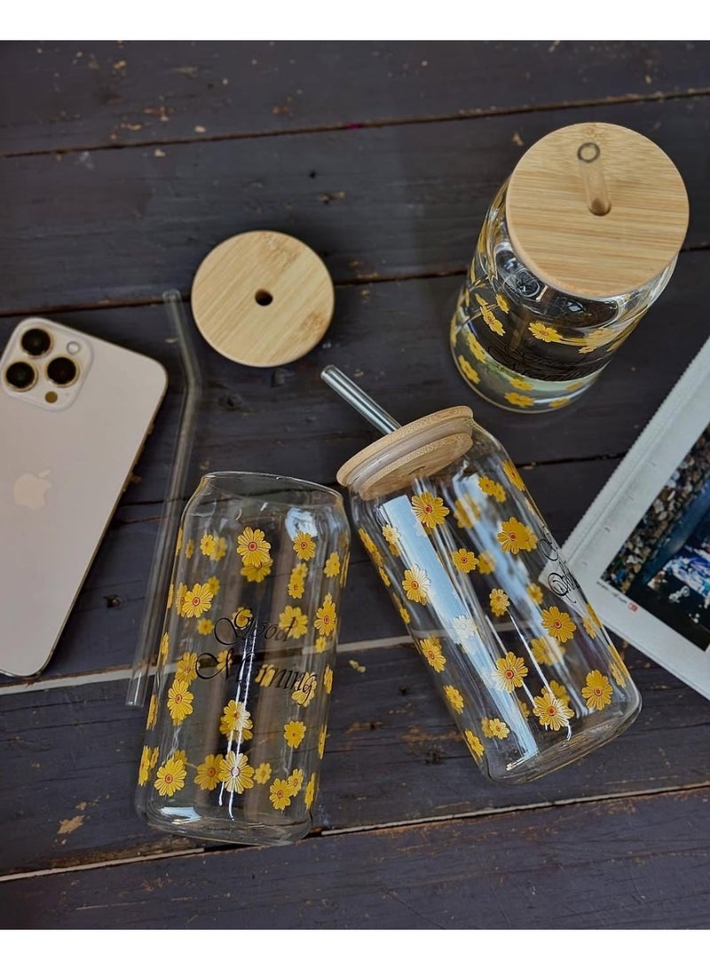 Cafe Glass Cups with Bamboo Lids and Glass Straw, Drinking Glasses with Bamboo Lids - Image 2