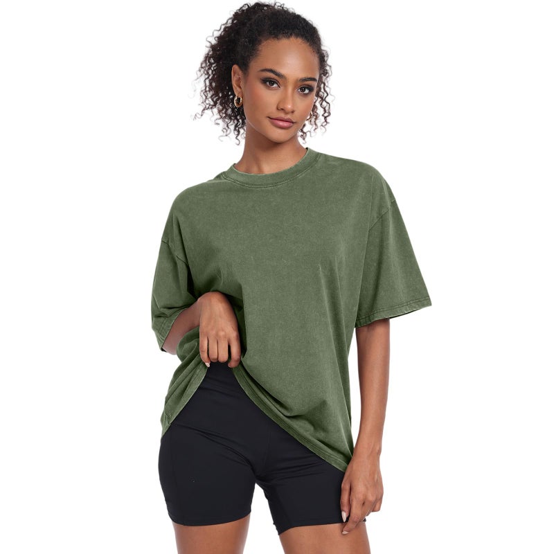 SnowElve Womens Washed Vintage Oversized T-Shirt Baggy Workout Tops Short Sleeve Cotton Tshirts Streetwear Boyfriend Tee(W-Army Green,l) - Image 4