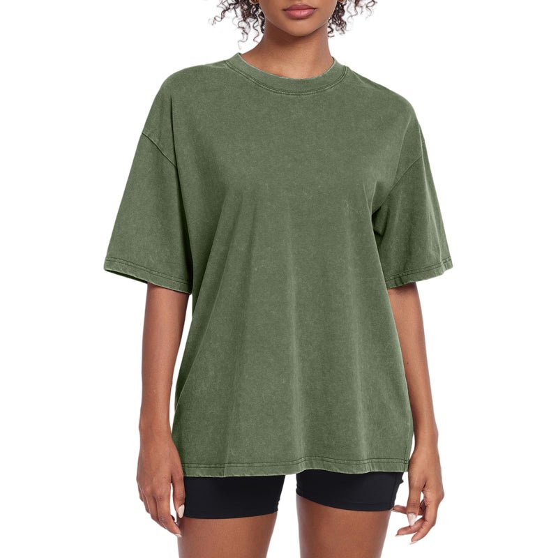 SnowElve Womens Washed Vintage Oversized T-Shirt Baggy Workout Tops Short Sleeve Cotton Tshirts Streetwear Boyfriend Tee(W-Army Green,l) - Image 1