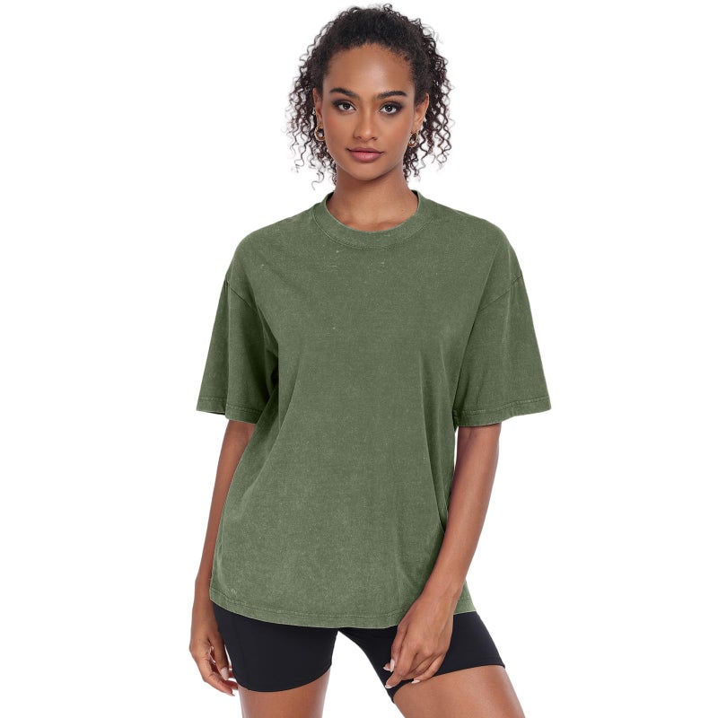 SnowElve Womens Washed Vintage Oversized T-Shirt Baggy Workout Tops Short Sleeve Cotton Tshirts Streetwear Boyfriend Tee(W-Army Green,l) - Image 2