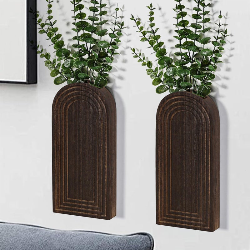 Dnnnii 2 Pack Wooden Wall Vase Set - Dark Brown Finish Modern Farmhouse & Boho Wall Decor for Entryway, Hallway, Bathroom, Living Room, Dining Room, Narrow Spaces - Image 1