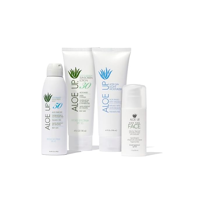 Aloe Up White Collection Sunscreen Spray SPF 50, White Collection Sunscreen Lotion SPF 30, After Sun Light Moisturizer, and SPF 25 For the Face Daily Moisturizer Sunscreen - Suncare Bundle - 4 Items