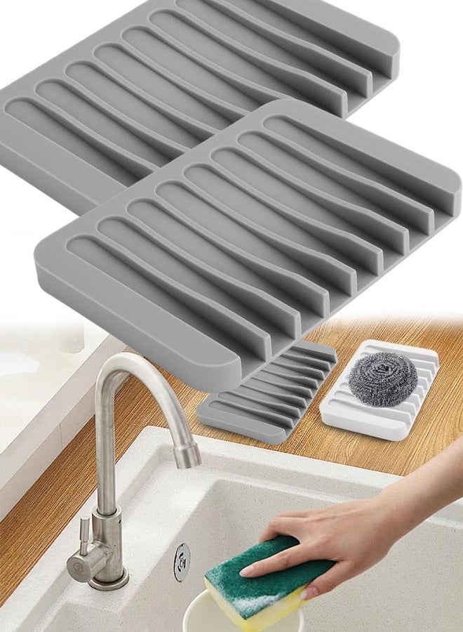 2Pcs Grey Silicone Self Draining Soap Dish Shower Bathroom Soap Holder - Image 1