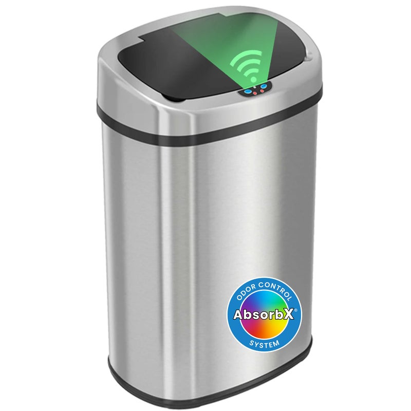 iTouchless 13 Gallon Oval Sensor Trash Can with Odor Filter, 50 Liter Automatic Kitchen Garbage Bin, Fingerprint-Proof Stainless Steel, Smart Hands-Free Motion Lid, Quiet Soft-Close, Brushed Silver - Image 1
