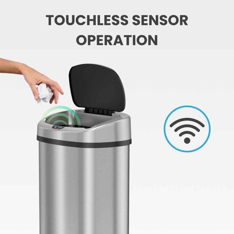 iTouchless 13 Gallon Oval Sensor Trash Can with Odor Filter, 50 Liter Automatic Kitchen Garbage Bin, Fingerprint-Proof Stainless Steel, Smart Hands-Free Motion Lid, Quiet Soft-Close, Brushed Silver - Image 3