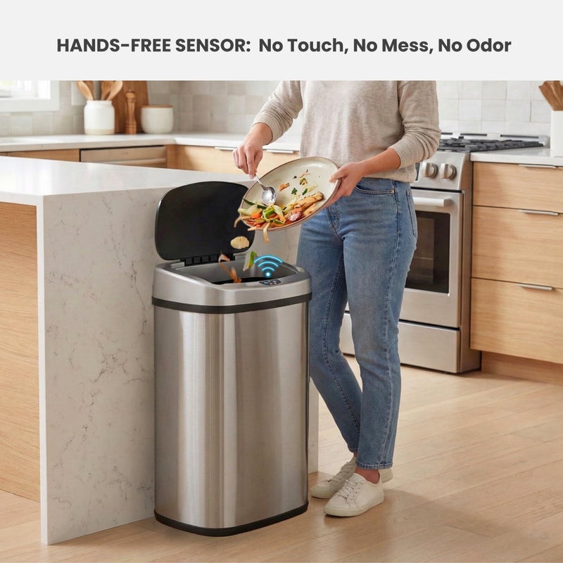 iTouchless 13 Gallon Oval Sensor Trash Can with Odor Filter, 50 Liter Automatic Kitchen Garbage Bin, Fingerprint-Proof Stainless Steel, Smart Hands-Free Motion Lid, Quiet Soft-Close, Brushed Silver - Image 2