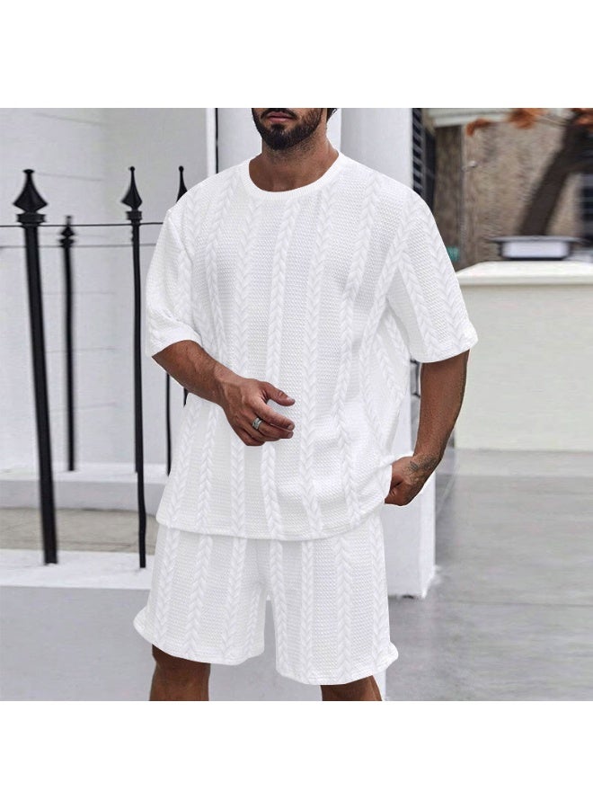 Summer Casual Knitted Solid Color round Neck Short Sleeve Sport Men's Set Short Pants Embroidery Fitness Outfit Short Shorts - Image 1
