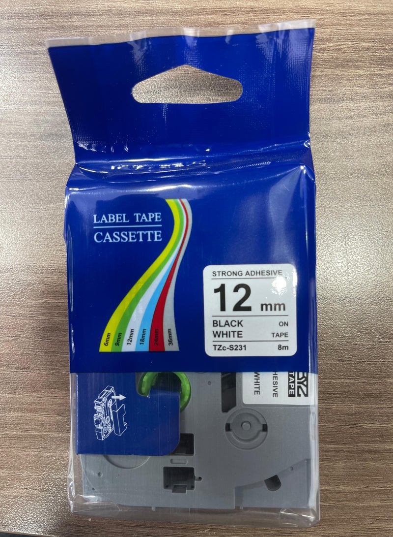 Laminated Tape Black On White 12mm TZc-S231 Black/White - Image 1