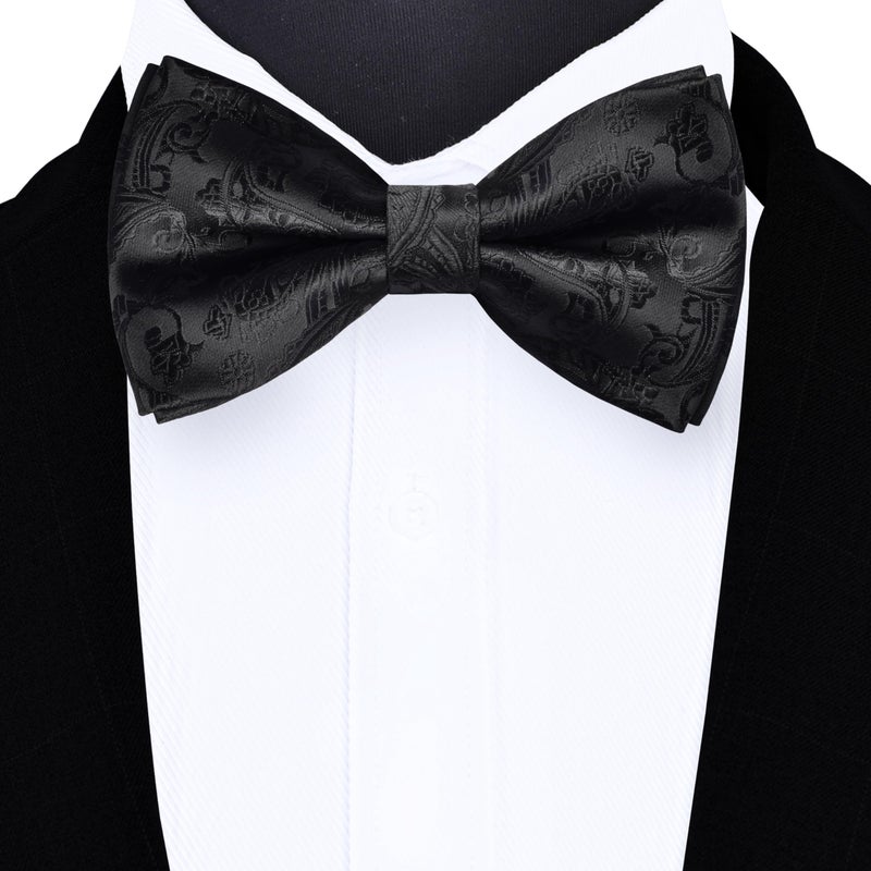 GUSLESON Paisley Black Bow Tie Pocket Square Set for Wedding Pre-Tied Solid Bowties Handkerchief Cufflinks for Men (0497-08) - Image 2
