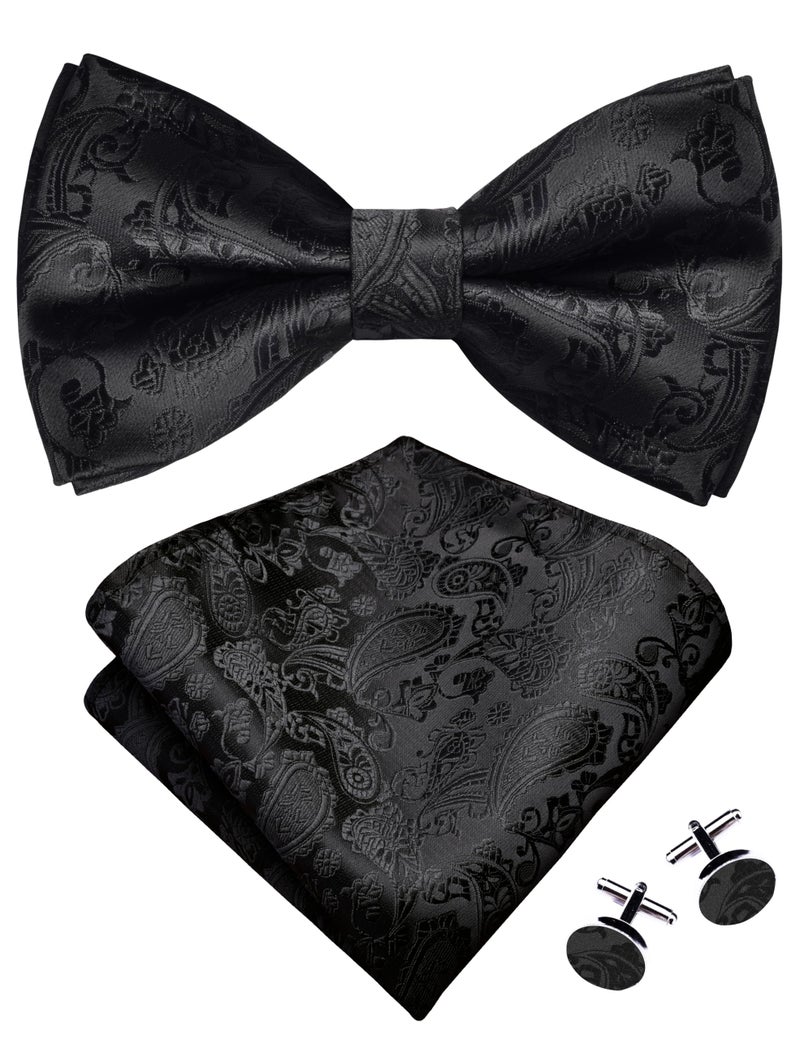 GUSLESON Paisley Black Bow Tie Pocket Square Set for Wedding Pre-Tied Solid Bowties Handkerchief Cufflinks for Men (0497-08) - Image 1