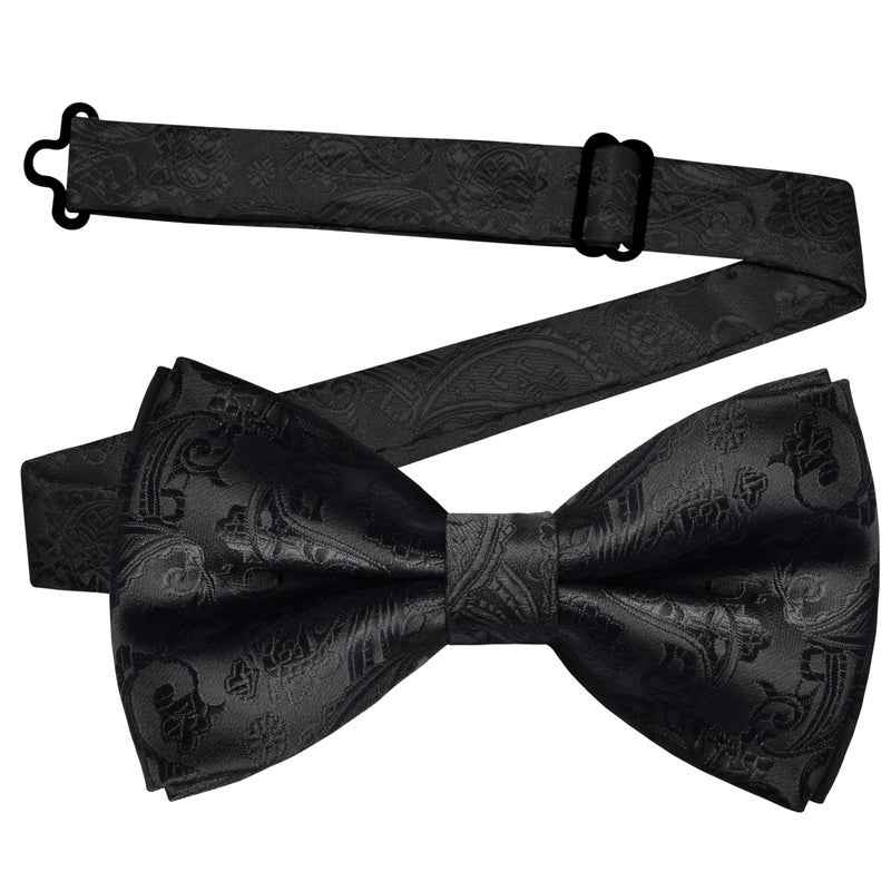 GUSLESON Paisley Black Bow Tie Pocket Square Set for Wedding Pre-Tied Solid Bowties Handkerchief Cufflinks for Men (0497-08) - Image 3
