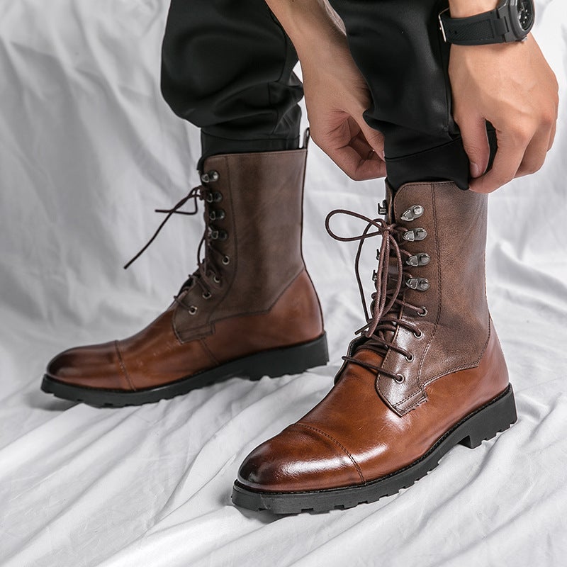 Independent Station Fashion Plus Size Lace-Up Short Boots Personality Black Motorcycle Cowboy Boots Business Leather Boots - Image 3