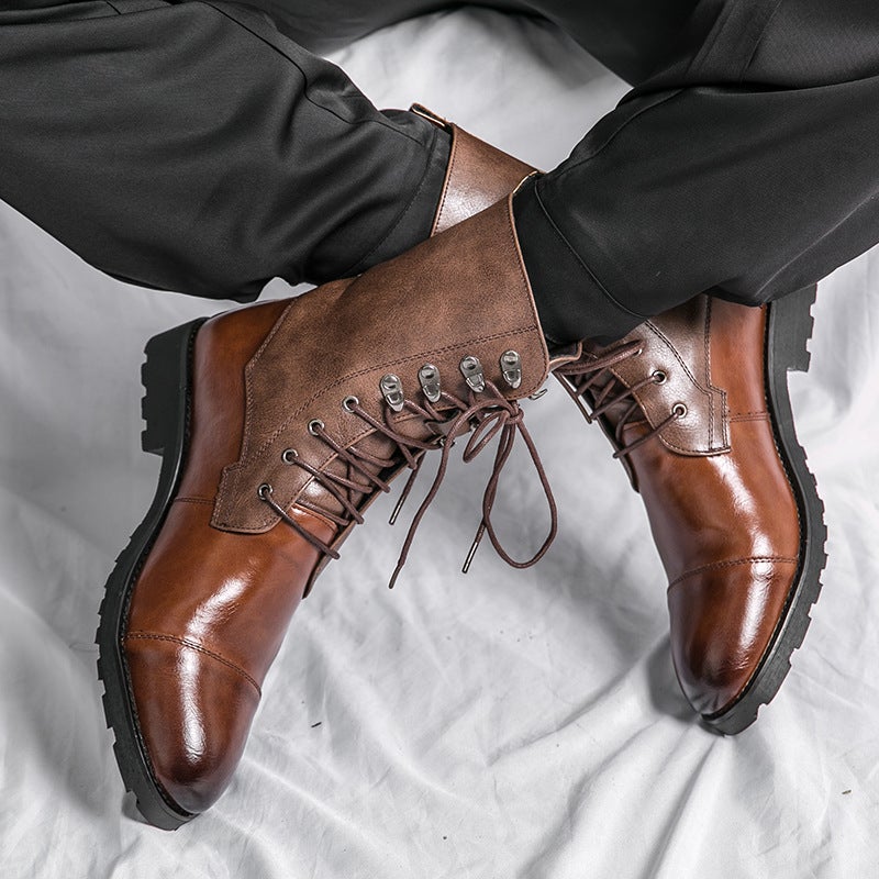 Independent Station Fashion Plus Size Lace-Up Short Boots Personality Black Motorcycle Cowboy Boots Business Leather Boots - Image 5