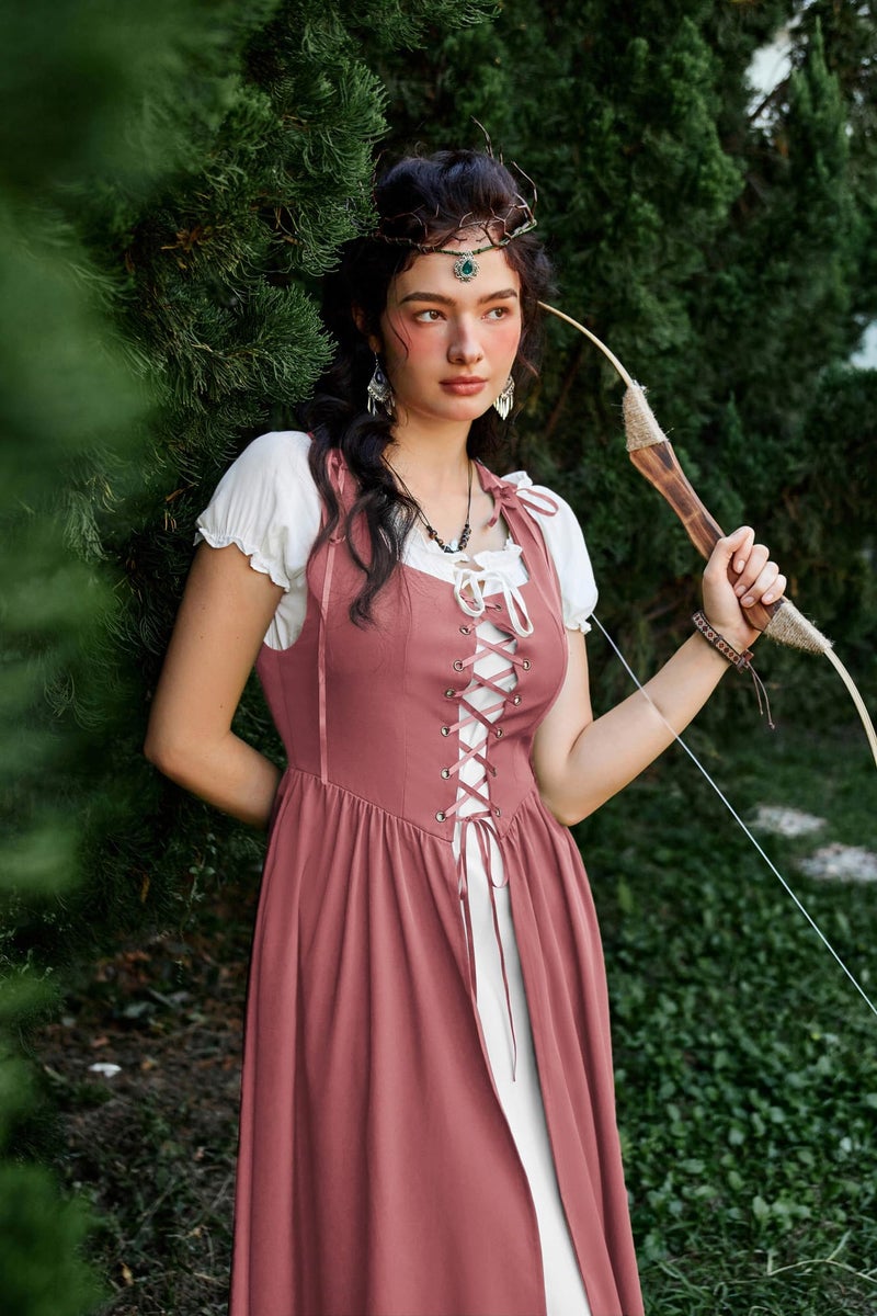Scarlet Darkness Renaissance Costume Women Peasant Medieval Dress Fairy Pirate Outfit Short Sleeve Maxi Dresses Deep Pink S - Image 3