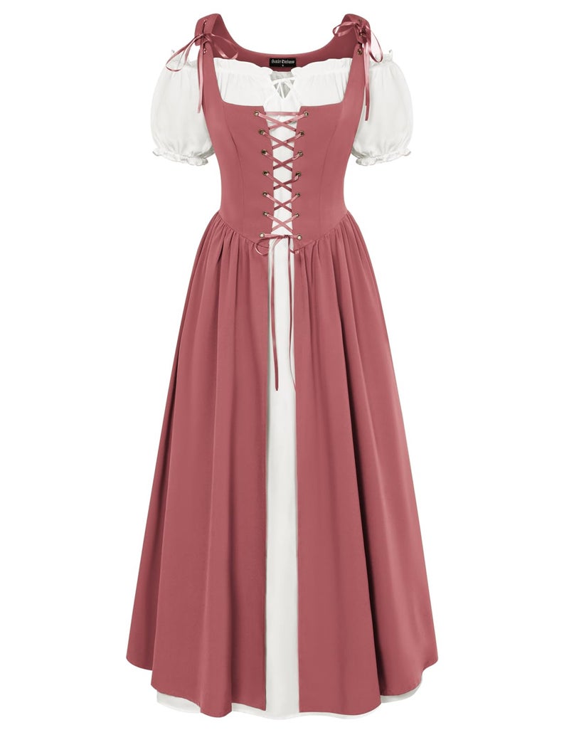 Scarlet Darkness Renaissance Costume Women Peasant Medieval Dress Fairy Pirate Outfit Short Sleeve Maxi Dresses Deep Pink S - Image 1