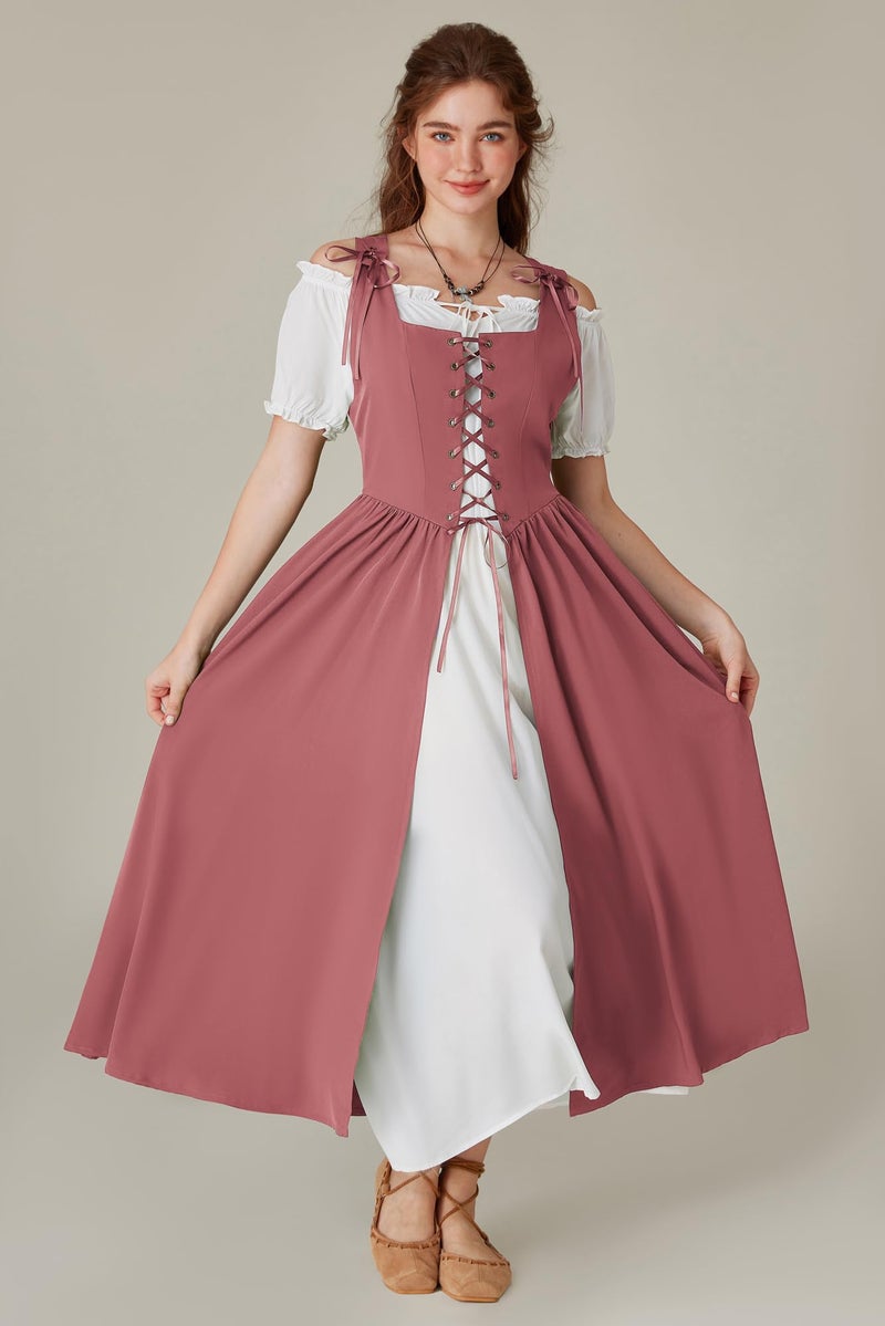 Scarlet Darkness Renaissance Costume Women Peasant Medieval Dress Fairy Pirate Outfit Short Sleeve Maxi Dresses Deep Pink S - Image 5