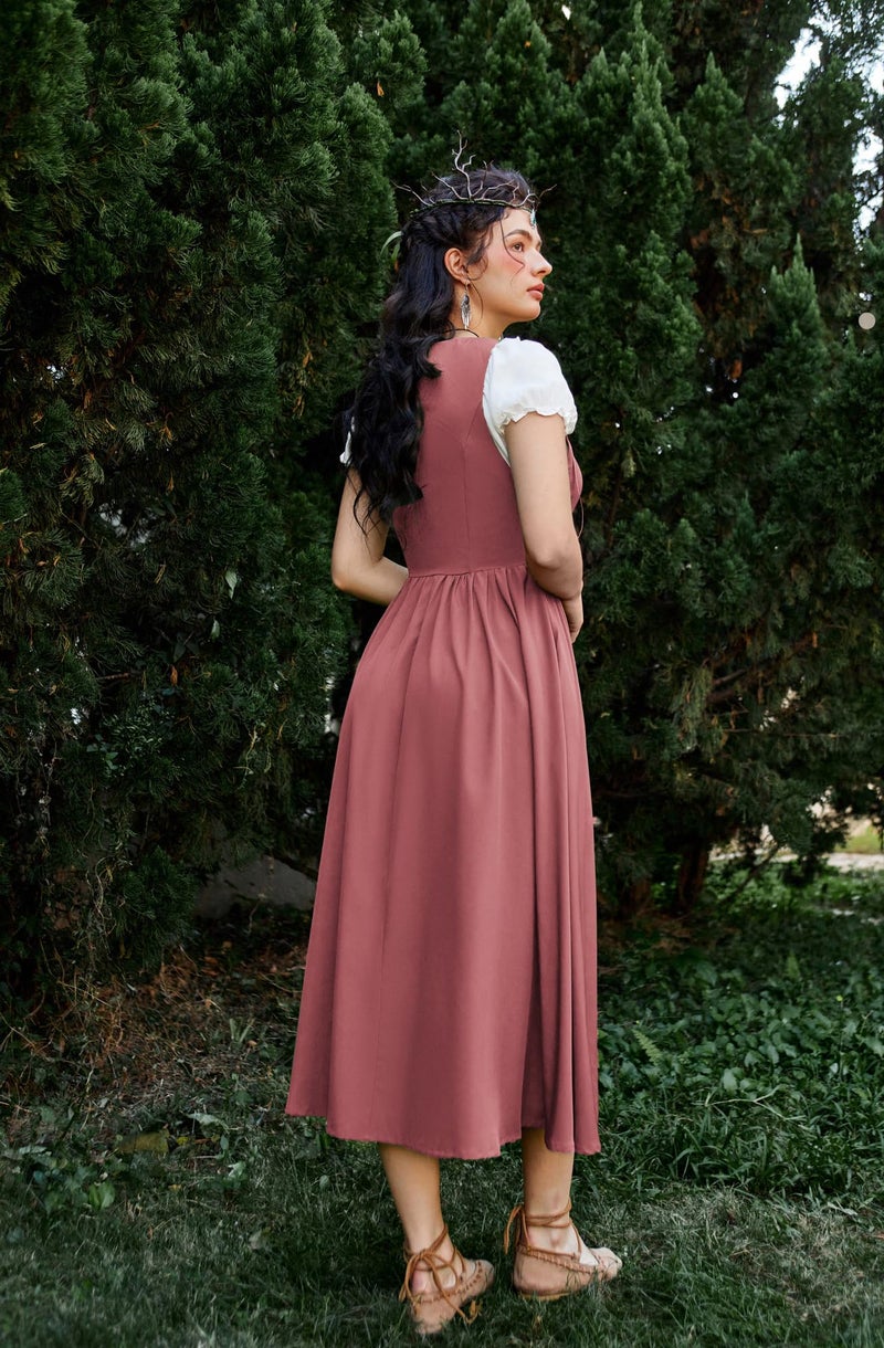 Scarlet Darkness Renaissance Costume Women Peasant Medieval Dress Fairy Pirate Outfit Short Sleeve Maxi Dresses Deep Pink S - Image 4