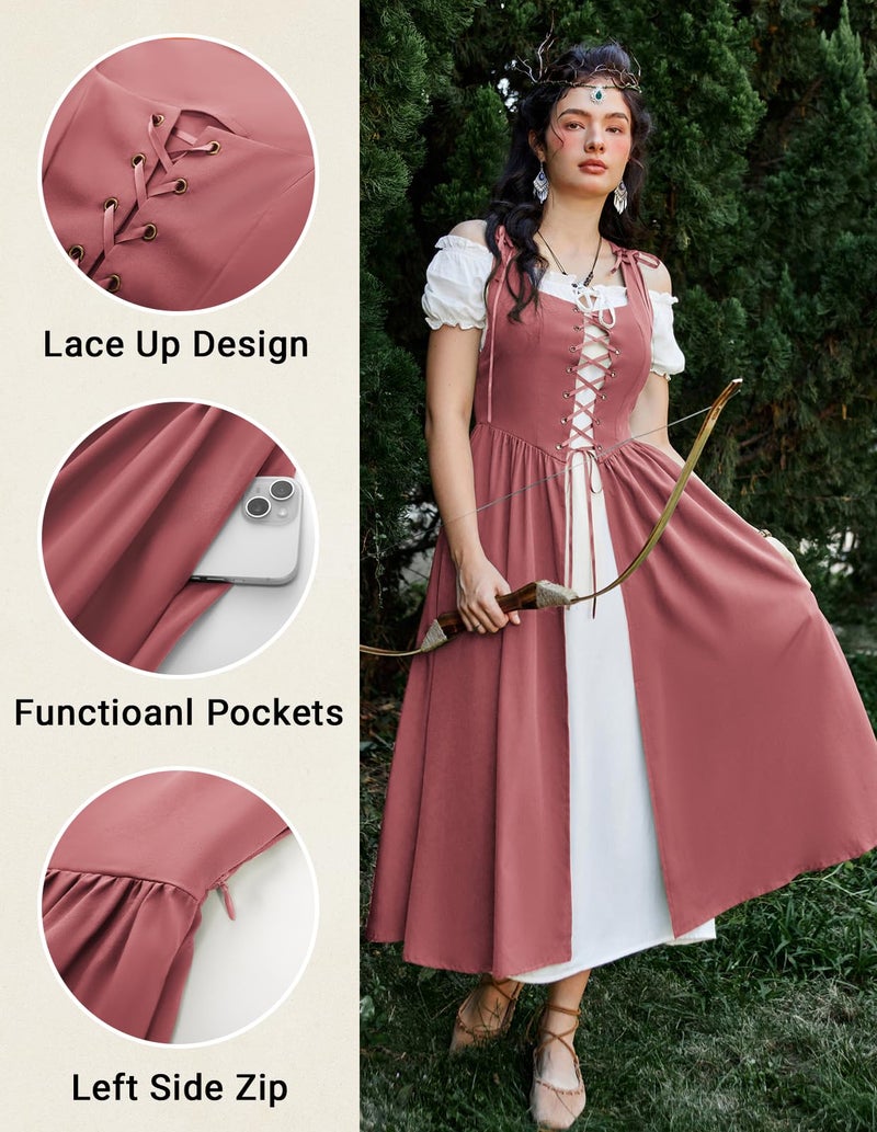 Scarlet Darkness Renaissance Costume Women Peasant Medieval Dress Fairy Pirate Outfit Short Sleeve Maxi Dresses Deep Pink S - Image 2