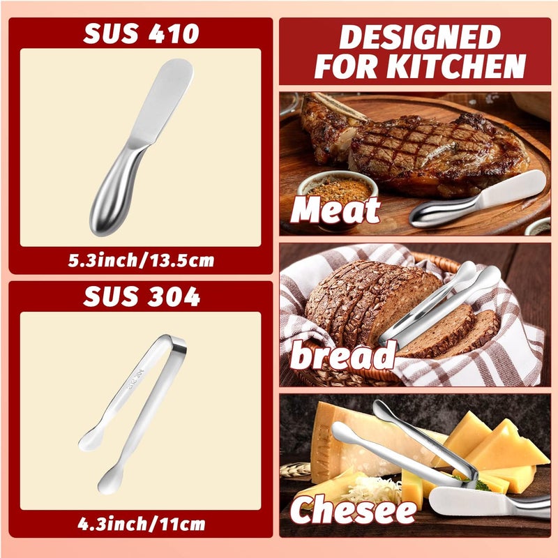 Mlurcu Butter Spreader Knife Set 8 PCS Stainless Steel Cheese Butter Spreader Knives and Mini Serving Tongs for Cheese Cold Butter Jam Appetizers Pastry Charcuterie Accessories Kitchen Utensils - Image 2