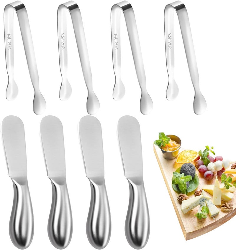 Mlurcu Butter Spreader Knife Set 8 PCS Stainless Steel Cheese Butter Spreader Knives and Mini Serving Tongs for Cheese Cold Butter Jam Appetizers Pastry Charcuterie Accessories Kitchen Utensils - Image 1