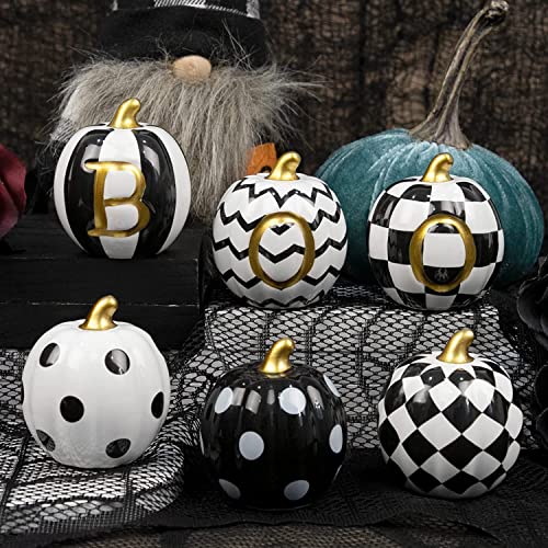 DAZONGE Halloween Decorations Indoor - Set of 6 Ceramic Halloween Pumpkin Decor - Assorted Black and White Boo Pumpkins for Fall Autumn Home Decor - Image 2