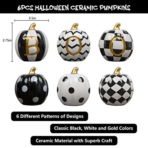 DAZONGE Halloween Decorations Indoor - Set of 6 Ceramic Halloween Pumpkin Decor - Assorted Black and White Boo Pumpkins for Fall Autumn Home Decor - Image 3