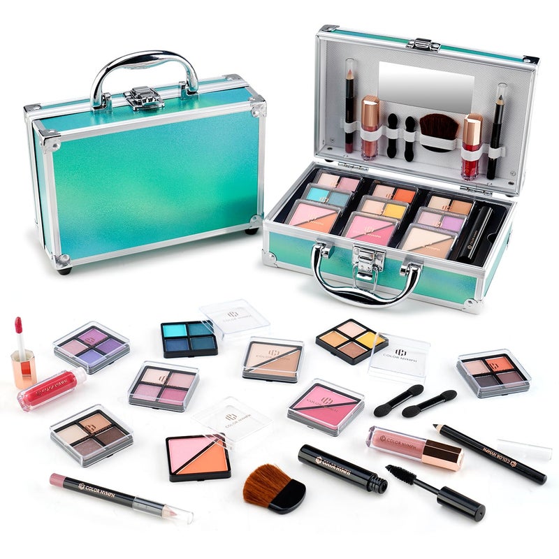 Color Nymph Beginner Makeup Kits For Teens With Train Case Included Full Makeup Kit Eyeshadow Palette Blushes Bronzer Highlighter Lipstick Brushes Mirror (Green) - Image 1
