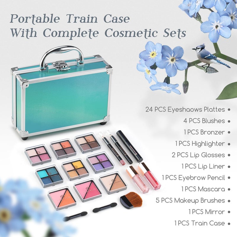 Color Nymph Beginner Makeup Kits For Teens With Train Case Included Full Makeup Kit Eyeshadow Palette Blushes Bronzer Highlighter Lipstick Brushes Mirror (Green) - Image 2
