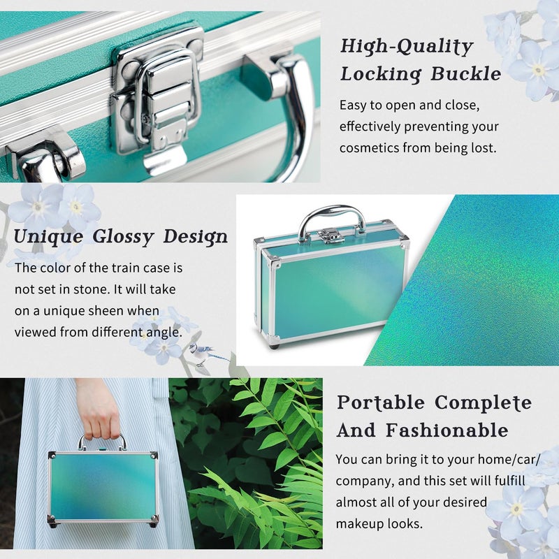 Color Nymph Beginner Makeup Kits For Teens With Train Case Included Full Makeup Kit Eyeshadow Palette Blushes Bronzer Highlighter Lipstick Brushes Mirror (Green) - Image 3