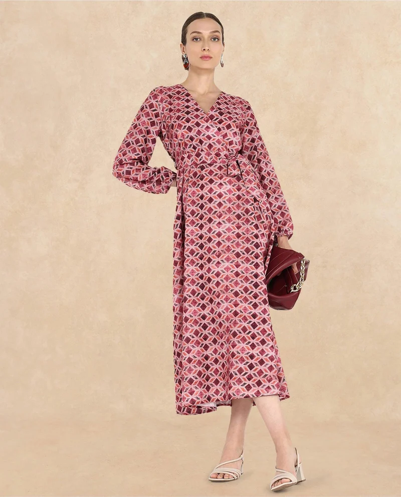 Rareism Women's Geometric Printed Wrap Dress