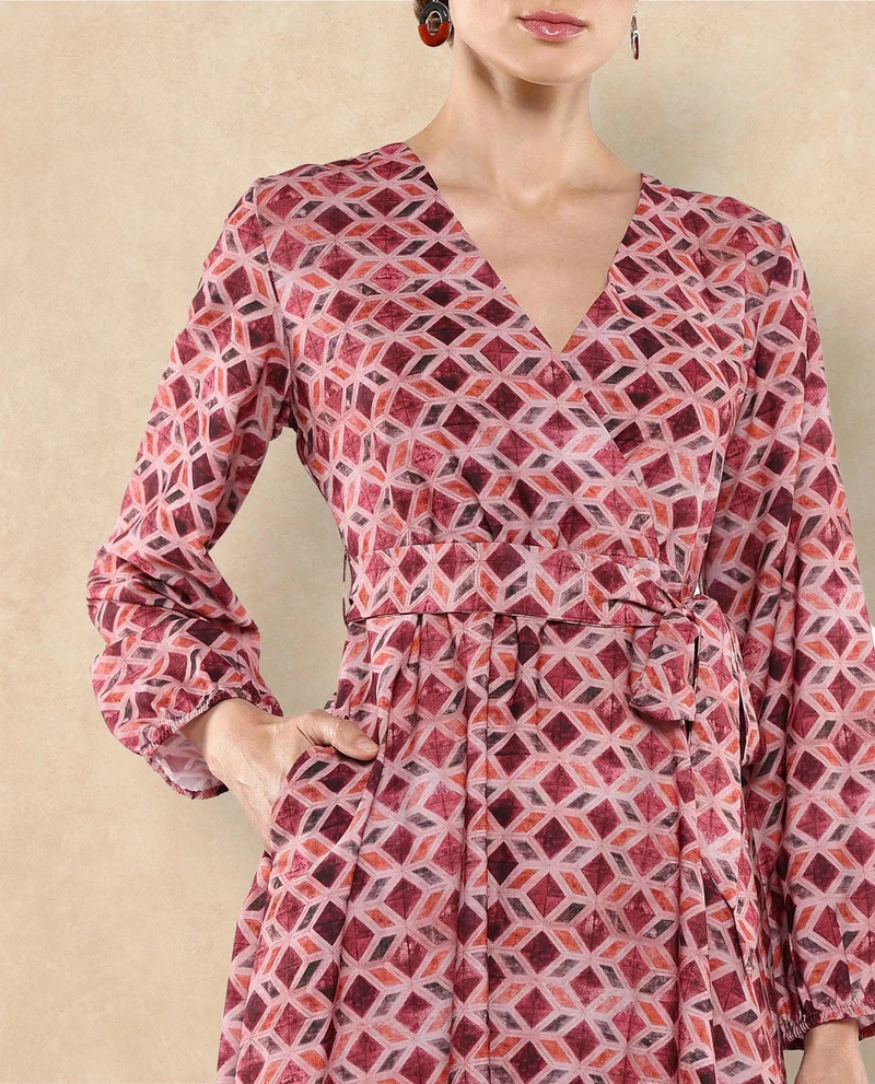 Rareism Women's Geometric Printed Wrap Dress