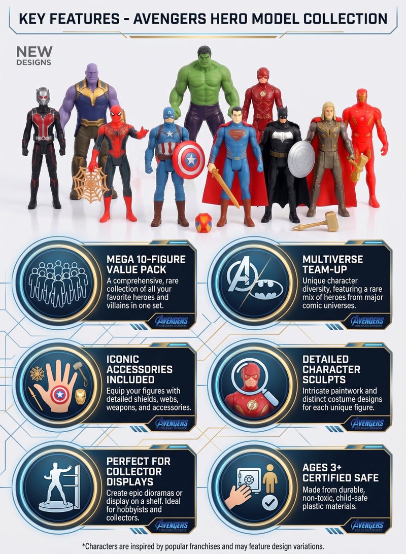Avengers & Justice League Superhero Action Figures Set of 10 – 12cm (5-Inch) Multiverse Hero Model Dolls with Thanos, Hulk, Spider-Man, Batman, Superman, Thor, Captain America, Flash, Ant-Man & Iron Man | Weapons, Cake Toppers, Birthday & Eid Gift for Boys 3+ - Image 2