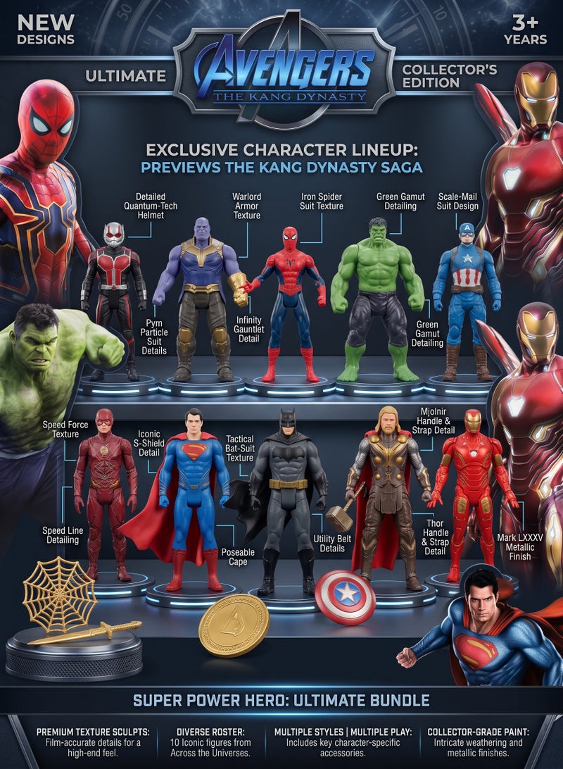 Avengers & Justice League Superhero Action Figures Set of 10 – 12cm (5-Inch) Multiverse Hero Model Dolls with Thanos, Hulk, Spider-Man, Batman, Superman, Thor, Captain America, Flash, Ant-Man & Iron Man | Weapons, Cake Toppers, Birthday & Eid Gift for Boys 3+ - Image 3