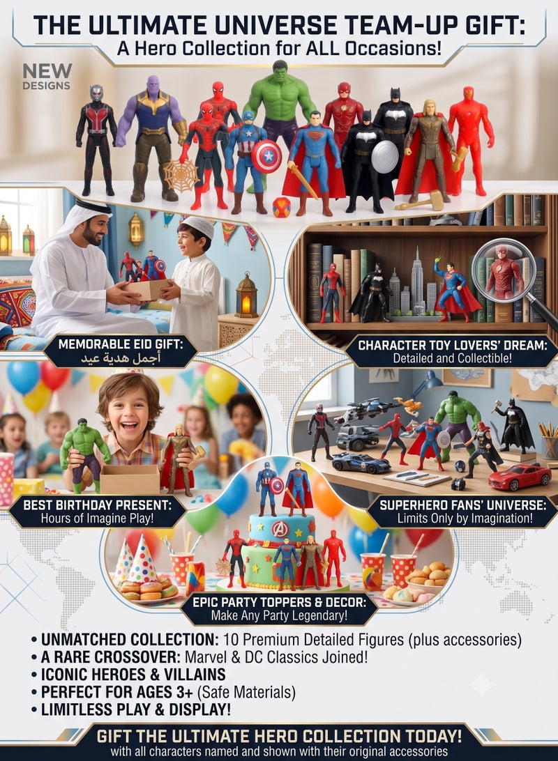 Avengers & Justice League Superhero Action Figures Set of 10 – 12cm (5-Inch) Multiverse Hero Model Dolls with Thanos, Hulk, Spider-Man, Batman, Superman, Thor, Captain America, Flash, Ant-Man & Iron Man | Weapons, Cake Toppers, Birthday & Eid Gift for Boys 3+ - Image 4