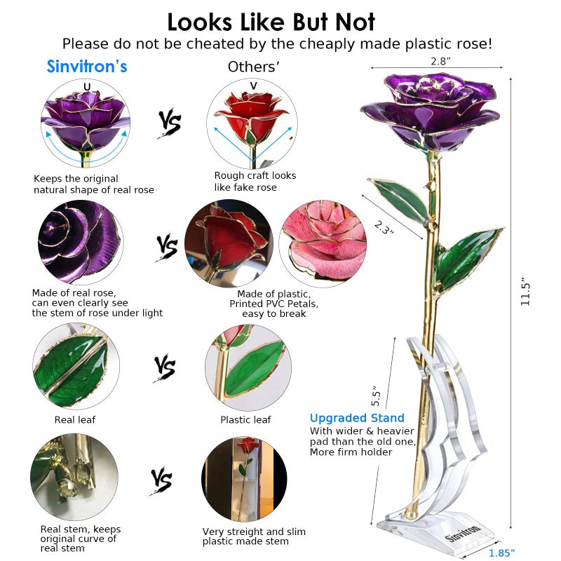 Sinvitron Gold Dipped Rose 24K Real Rose  Long Stem Gold Plated Rose with Stand  Valentines Day Gifts for Her Gifts for Mom 24K Golden Rose for Anniversary and Mothers Day  Birthday (Purple) - Image 2