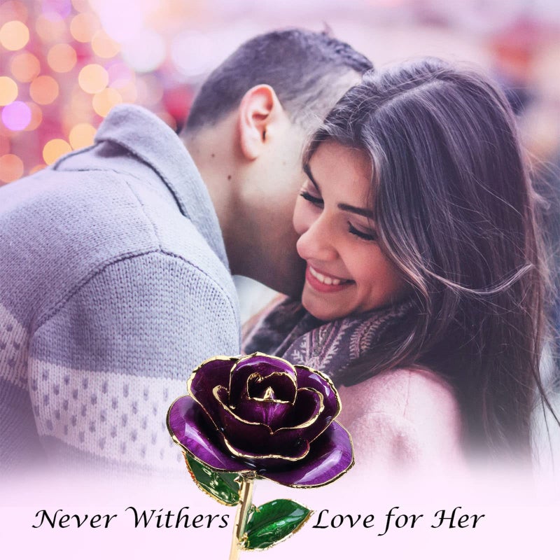Sinvitron Gold Dipped Rose 24K Real Rose  Long Stem Gold Plated Rose with Stand  Valentines Day Gifts for Her Gifts for Mom 24K Golden Rose for Anniversary and Mothers Day  Birthday (Purple) - Image 5