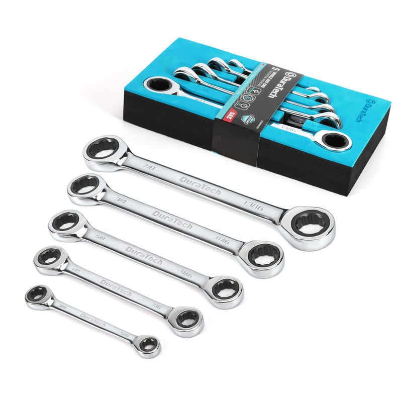 DURATECH Double Box End Ratcheting Wrench Set, SAE, 5-Piece, 5/16" to 7/8", CR-V Steel, with EVA Foam Tool Organizer - Image 1