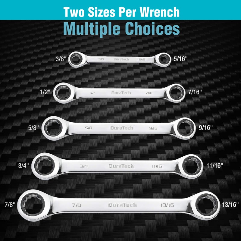 DURATECH Double Box End Ratcheting Wrench Set, SAE, 5-Piece, 5/16" to 7/8", CR-V Steel, with EVA Foam Tool Organizer - Image 2