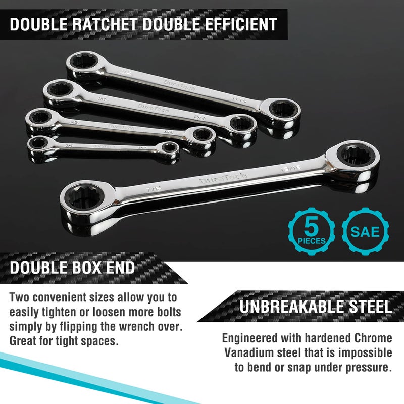 DURATECH Double Box End Ratcheting Wrench Set, SAE, 5-Piece, 5/16" to 7/8", CR-V Steel, with EVA Foam Tool Organizer - Image 3