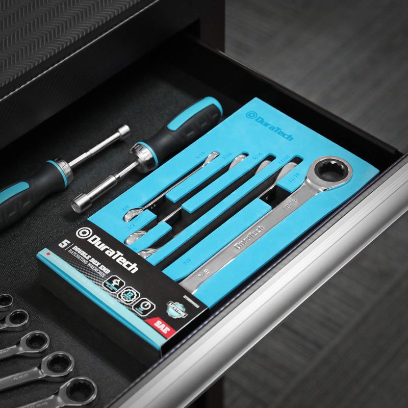DURATECH Double Box End Ratcheting Wrench Set, SAE, 5-Piece, 5/16" to 7/8", CR-V Steel, with EVA Foam Tool Organizer - Image 5
