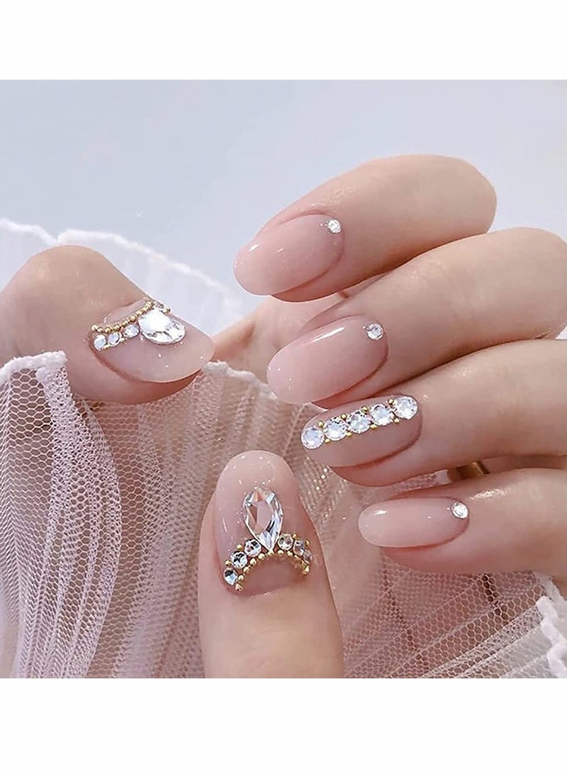Short Press on Nails with Rhinestones 24 Pcs Ballerina French Tip Fake Nails for Women and Girls Natural Acrylic Manicure - Image 1