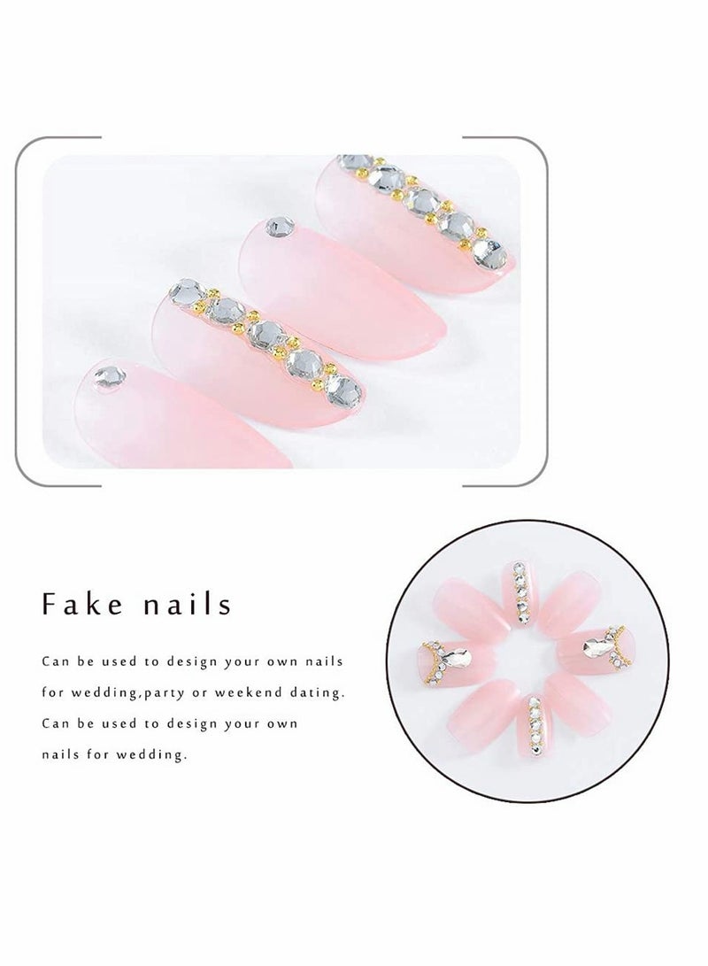Short Press on Nails with Rhinestones 24 Pcs Ballerina French Tip Fake Nails for Women and Girls Natural Acrylic Manicure - Image 2