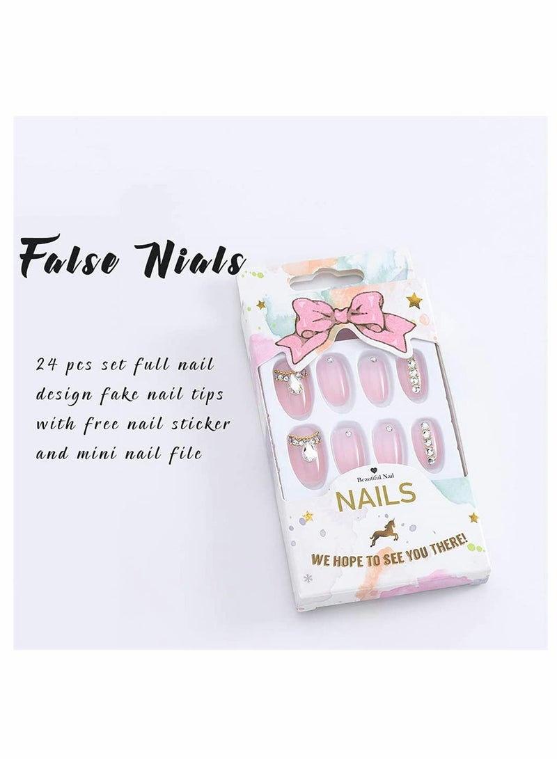 Short Press on Nails with Rhinestones 24 Pcs Ballerina French Tip Fake Nails for Women and Girls Natural Acrylic Manicure - Image 5